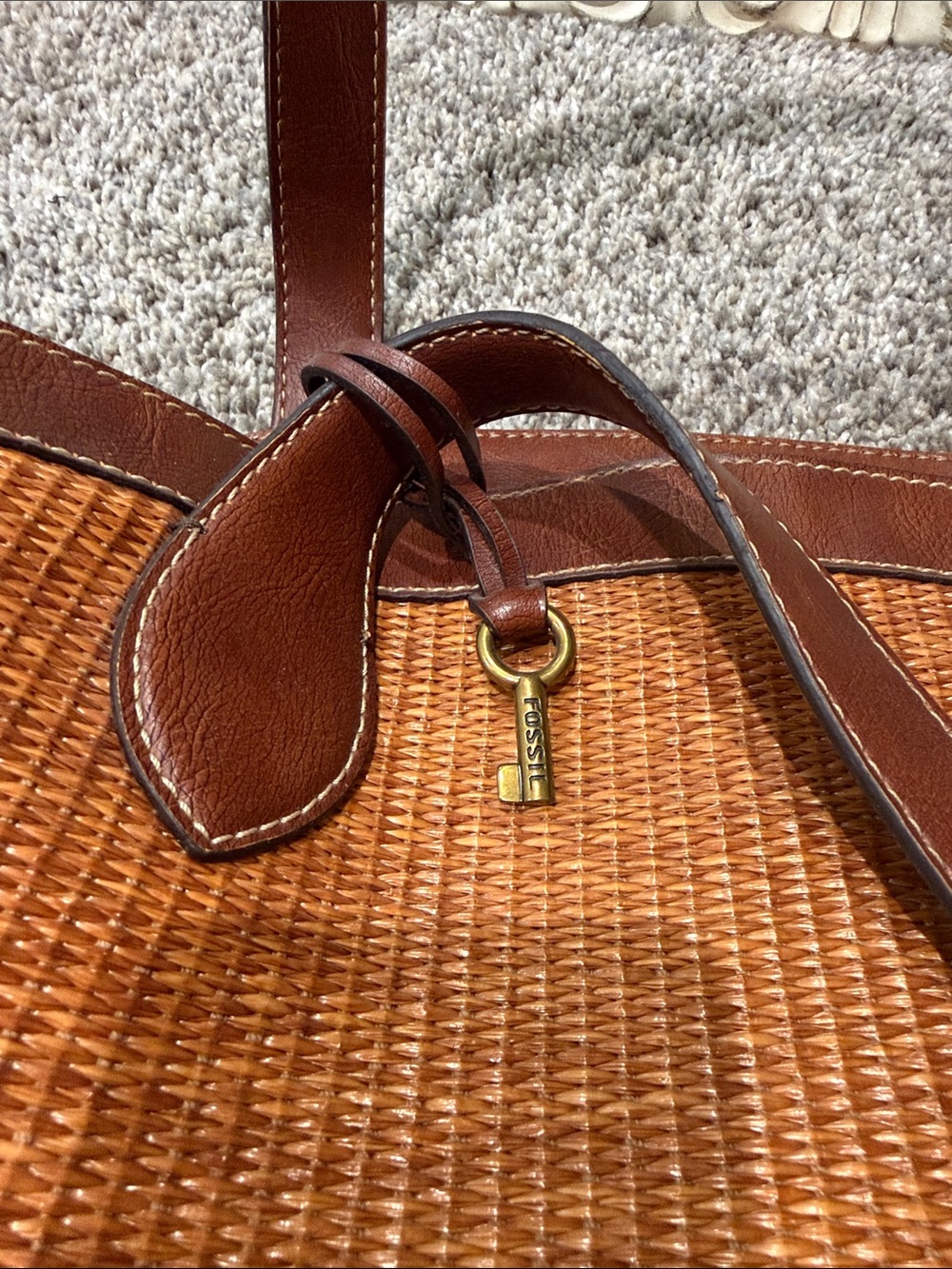 Fossil Tan/Brown Woven Leather Tote with Gold Charm